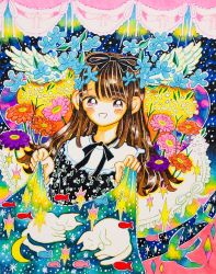 Rule 34 | 050505si, 1girl, abstract, bad id, bad twitter id, black bow, blue flower, blush, bow, brown hair, cat, colorful, crescent, crescent moon, fish, flower, frilled shirt collar, frills, hair bow, highres, holding, leaf, moon, open mouth, orange flower, original, pink flower, purple flower, sleeping, smile, solo, surreal, upper body, white cat