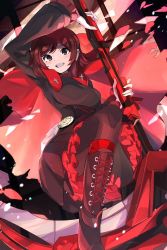 Rule 34 | 1girl, black dress, black footwear, blush, boots, cape, dress, gradient hair, grey eyes, highres, holding, holding scythe, holding weapon, hood, hooded cape, knee boots, long sleeves, multicolored hair, open mouth, pantyhose, red cape, red hair, ruby rose, rwby, scythe, smile, solo, umiru, weapon