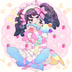 Rule 34 | 1girl, ankle ribbon, biting, black eyes, black hair, bloomers, blue hair, blue thighhighs, blush, bow, doily, drill hair, elbow gloves, fang, frilled bow, frills, fur-trimmed gloves, fur-trimmed legwear, fur trim, gaaruru (pripara), gloves, hair bow, hairband, headphones, highres, horn bow, horn ornament, horns, indian style, leg ribbon, marueri, no shoes, o o, pink bow, pink gloves, pretty series, pripara, red bow, ribbon, short sleeves, single horn, sitting, strawberry background, sweatdrop, thighhighs, underwear, unicorn, unicorn (pripara), v-shaped eyebrows, white bloomers, wristband