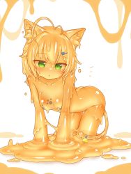 Rule 34 | 1girl, :o, all fours, animal ears, ass, bell, blush, cat ears, cat girl, cat hair ornament, cat tail, colored skin, curss, green eyes, hair ornament, hairclip, highres, looking at viewer, monster girl, orange hair, orange skin, original, paw print, paw print pattern, short hair, slime girl, solo, tail, tail bell, tail ornament