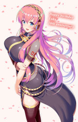 Rule 34 | 1girl, ass, black thighhighs, blue eyes, breasts, commentary, detached sleeves, headset, highres, kawase seiki, large breasts, lips, long hair, long skirt, looking at viewer, megurine luka, nail polish, open mouth, petals, pink hair, shiny skin, shoulder tattoo, side slit, skirt, smile, solo, tattoo, thighhighs, very long hair, vocaloid