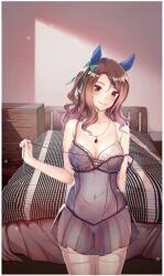 Rule 34 | 1girl, absurdres, animal ears, arm behind back, babydoll, bad id, bad pixiv id, bed, bedroom, border, bow, bra, breasts, brown hair, cleavage, collarbone, cowboy shot, ear covers, gluteal fold, hair bow, hand up, head tilt, highres, horse ears, indoors, jewelry, king halo (umamusume), large breasts, long hair, looking at viewer, navel, panties, parted lips, pendant, pulling own clothes, red eyes, seductive smile, see-through, side ponytail, smile, solo, stomach, strap slip, thigh gap, thighhighs, umamusume, underwear, undressing, white border, white bra, white panties, zhuchuanxi