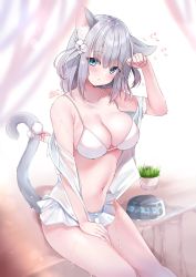 Rule 34 | 1girl, animal ear fluff, animal ears, arm up, bare shoulders, bikini, blue eyes, blurry, blurry background, breasts, cat ears, cat girl, cat tail, cleavage, collarbone, eyes visible through hair, frilled bikini, frills, hair ornament, highres, large breasts, neco meito, original, plant, potted plant, see-through, short hair, silver hair, sitting, solo, swimsuit, tail, tail ornament, two side up, wet, white bikini
