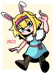 Rule 34 | 1girl, 2023, alice margatroid, animal ears, blonde hair, blue dress, blue eyes, blush, boots, brown footwear, capelet, chinese zodiac, cookie (touhou), cross-laced footwear, dress, frilled capelet, frilled hairband, frills, full body, hair between eyes, hair intakes, hairband, highres, ichigo (cookie), looking at viewer, medium bangs, open mouth, pink hairband, pink sash, rabbit ears, sash, short hair, simple background, smile, solo, sznkrs, touhou, two-tone background, white background, white capelet, year of the rabbit, yellow background