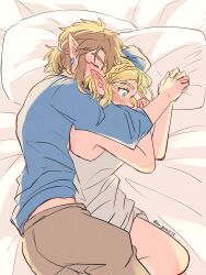Rule 34 | 1boy, 1girl, aorin (riley17 a), artist name, bare arms, bare shoulders, bed, blush, braid, brown hair, brown pants, crown braid, dress, ear blush, earrings, from above, grey dress, highres, holding hands, jewelry, link, lying, nintendo, on side, pants, pillow, ponytail, princess zelda, sleeping, spooning, the legend of zelda, the legend of zelda: tears of the kingdom, wide-eyed