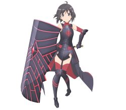 Rule 34 | 1girl, ahoge, armor, bare shoulders, black armor, black dress, black hair, bob cut, boots, breastplate, detached sleeves, dress, elbow gloves, full body, gauntlets, gloves, greaves, hair ornament, highres, holding, holding shield, holding weapon, itai no wa iya nano de bougyoryoku ni kyokufuri shitai to omoimasu, leg armor, looking at viewer, maple (bofuri), official art, purple eyes, red sleeves, red thighhighs, shield, short hair, shuriken hair ornament, sleeveless, sleeveless dress, smile, solo, thigh boots, thighhighs, transparent background, weapon, weapon on back