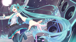 Rule 34 | 1girl, adapted costume, aqua hair, asutora, bare arms, bare shoulders, belt, black thighhighs, blue eyes, crowd, glowstick, hair ribbon, hatsune miku, headset, highres, long hair, open mouth, outstretched arms, outstretched leg, ribbon, shirt, skirt, sleeveless, sleeveless shirt, smile, speaker, stage, thighhighs, twintails, very long hair, vocaloid, wallpaper, wrist cuffs