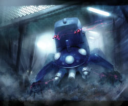 Rule 34 | backlighting, building, from below, ghost in the shell, glowing, glowing eyes, highres, indoors, lamp, mecha, no humans, rain, red eyes, robot, smoke, tachikoma, takashima, water