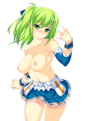 Rule 34 | 1girl, beatmania, beatmania iidx, belt, blush, bow, breasts, collarbone, detached sleeves, female focus, green eyes, green hair, hair bow, hair ornament, hairclip, kinoshita ichi, kitami erika, large breasts, long hair, looking at viewer, matching hair/eyes, navel, nipples, pleated skirt, raised eyebrows, simple background, skirt, solo, standing, thighs, topless, twintails, white background, wrist cuffs