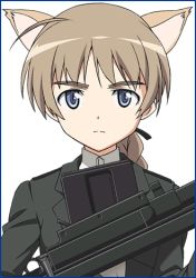 Rule 34 | 1girl, animal ears, blonde hair, blue eyes, braid, brown hair, cat ears, framed, gun, hair ribbon, long hair, lowres, lynette bishop, military, ribbon, solo, strike witches, uniform, weapon, white background, world witches series