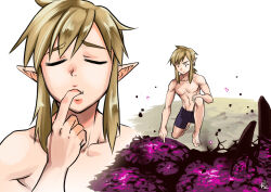 Rule 34 | 1boy, bike shorts, blonde hair, blue eyes, check commentary, closed eyes, commentary request, eating, finger in own mouth, link, monbetsu kuniharu, nintendo, outdoors, pointy ears, ponytail, slime (substance), the legend of zelda, the legend of zelda: breath of the wild