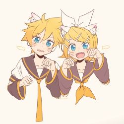 Rule 34 | 1boy, 1girl, animal ears, black collar, black sleeves, blonde hair, blue eyes, blush, bow, brother and sister, cat ears, collar, commentary, cropped torso, detached sleeves, fang, fish, hair bow, hair ornament, hairclip, hands up, headphones, highres, kagamine len, kagamine rin, light blush, looking at viewer, m0ti, necktie, one-hour drawing challenge, open mouth, paw pose, sailor collar, school uniform, shirt, short hair, short ponytail, short sleeves, siblings, sleeveless, sleeveless shirt, smile, spiked hair, swept bangs, twins, upper body, vocaloid, whiskers, white bow, white shirt