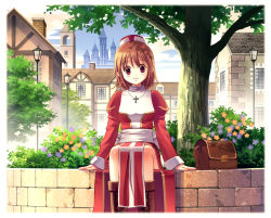 Rule 34 | 1girl, bag, blush stickers, body blush, boots, breasts, brown footwear, brown hair, bush, castle, city, closed mouth, cloud, commentary request, cowboy shot, cross, cross-laced footwear, cross necklace, day, doridori, eyes visible through hair, flower, hair between eyes, high priest (ragnarok online), house, in-universe location, jewelry, juliet sleeves, lamppost, long sleeves, looking at viewer, medium breasts, necklace, orange flower, photoshop (medium), puffy sleeves, purple flower, ragnarok online, red eyes, red headwear, sash, sitting, sky, smile, solo, tree, white sash, window