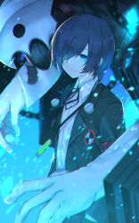 Rule 34 | 1boy, absurdres, black jacket, black ribbon, blue background, blue eyes, blue hair, collared shirt, dress shirt, expressionless, hair over one eye, highres, jacket, light particles, looking at viewer, nodoameyatou, one eye covered, open clothes, open jacket, parted lips, persona, persona 3, ribbon, school uniform, shirt, short hair, simple background, solo, standing, thanatos (persona), white shirt, yuuki makoto (persona 3)