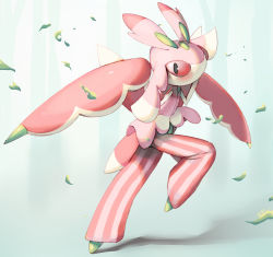 Rule 34 | commentary, creature, creatures (company), english commentary, full body, game freak, gen 7 pokemon, leaf, looking at viewer, lurantis, nintendo, no humans, pinkgermy, pokemon, pokemon (creature), red eyes, shadow, signature, simple background, solo, standing, standing on one leg, white background, wind