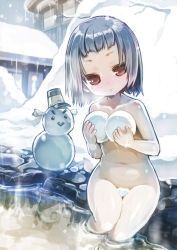 Rule 34 | 10s, 1girl, arare (kancolle), blunt bangs, covering privates, covering breasts, unworn headwear, highres, kantai collection, nude, nukoosama, onsen, ooshio (kancolle), sitting, snow, snowball, snowman, solo
