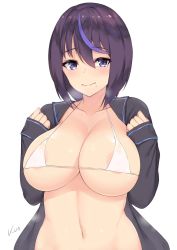 Rule 34 | 1girl, areola slip, bikini, bikini top only, blue hair, breasts, cleavage, commentary request, jacket, kuavera, large breasts, long sleeves, looking at viewer, micro bikini, micro bikini top, miyako (kuavera), mole, mole under mouth, multicolored hair, navel, open clothes, open jacket, original, purple eyes, purple hair, short hair, signature, simple background, smile, solo, streaked hair, swimsuit, upper body, white background, white bikini