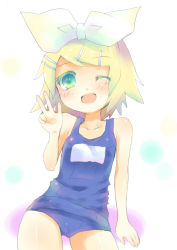 Rule 34 | 1girl, bad id, bad pixiv id, blonde hair, green eyes, hair ornament, hair ribbon, hairclip, kagamine rin, migu (migu room), one-piece swimsuit, one eye closed, open mouth, ribbon, school swimsuit, short hair, smile, solo, swimsuit, v, vocaloid, wink