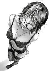 Rule 34 | 1girl, arms behind back, bra, breasts, cleavage, cross, cross necklace, from above, full body, glasses, greyscale, highres, hunter x hunter, jewelry, lingerie, looking at viewer, medium breasts, monochrome, navel, necklace, shiho m429, shizuku murasaki, short hair, simple background, solo, thigh strap, thighhighs, underwear, white background