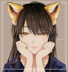Rule 34 | 1girl, :3, animal ears, black hair, brown background, brown hair, clenched hands, close-up, closed mouth, collarbone, commentary, eyelashes, fox ears, framed, grey background, hair between eyes, half-closed eyes, hands up, head rest, komori (koori zokusei danshi), koori zokusei danshi to cool na douryou joshi, light smile, long hair, looking at viewer, official art, orange eyes, pink lips, portrait, slit pupils, solo, straight-on, swept bangs, symbol-only commentary, tan background, tonogaya, twitter username, yellow eyes