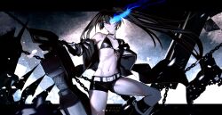 1girl absurdres arm_cannon belt bikini black_coat black_hair black_rock_shooter black_rock_shooter_(character) black_shorts boots chain coat flaming_eye glowing glowing_eye highres long_hair midriff no_shirt pale_skin punishing:_gray_raven rock_cannon rythron4 scar shorts solo swimsuit twintails uneven_twintails weapon