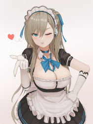 Rule 34 | 1girl, apron, asuna (blue archive), black dress, blue archive, blue neckwear, blush, bow, bowtie, breasts, cleavage, dolri, dress, elbow gloves, gloves, headphones, highres, large breasts, light brown hair, long hair, looking at viewer, maid headdress, mole, mole on breast, neck ribbon, neckwear between breasts, one eye closed, pointing, pointing at viewer, puffy short sleeves, puffy sleeves, ribbon, short sleeves, smile, solo, white apron, white gloves