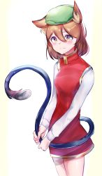 Rule 34 | 1girl, alternate tail, animal ears, bad id, bad pixiv id, blush, brown eyes, brown hair, cat ears, cat tail, chen, commentary request, cowboy shot, dress, green hat, hair between eyes, hat, highres, holding tail, long sleeves, looking at viewer, medium hair, mob cap, red dress, shirt, solo, tail, touhou, ttrta0201, white background, white shirt