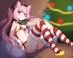 Rule 34 | 1girl, animal ear fluff, animal ears, bikini, blush, cat ears, christmas, christmas tree, commentary, elbow rest, english commentary, extra ears, flat chest, foot out of frame, front-tie bikini top, front-tie top, fur-trimmed legwear, fur trim, green eyes, green scarf, highres, knees up, long hair, looking at viewer, merry christmas, navel, nyatrix, original, pink hair, plaid, plaid scarf, pom pom (clothes), red bikini, sack, scarf, side-tie bikini bottom, slippers, solo, striped clothes, striped thighhighs, swimsuit, thighhighs