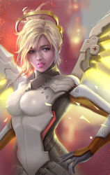 Rule 34 | 1girl, armor, artist name, bad deviantart id, bad id, blonde hair, blue eyes, blurry, blurry background, bodysuit, breasts, derrick song, embers, faulds, hand on own hip, high ponytail, lips, looking at viewer, mechanical wings, medium breasts, mercy (overwatch), nose, overwatch, overwatch 1, parted lips, realistic, red background, signature, solo, spread wings, upper body, wings, yellow wings