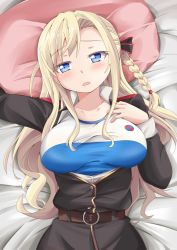 Rule 34 | 1girl, belt, blonde hair, blue eyes, braid, breasts, breasts apart, cowboy shot, high school fleet, highres, kanosawa, long hair, looking at viewer, lying, military, military uniform, open clothes, open mouth, pillow, single braid, solo, swimsuit, swimsuit under clothes, uniform, upper body, wilhelmina braunschweig ingenohl friedeburg