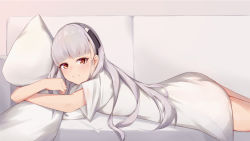 Rule 34 | 1girl, ak-alfa (girls&#039; frontline), alternate costume, brown eyes, check translation, couch, girls&#039; frontline, hairband, hitori yui, long hair, looking at viewer, lying, no pants, hugging object, on couch, on stomach, oversized clothes, oversized shirt, pillow, pillow hug, shirt, smile, solo, translation request, very long hair, white hair, white shirt