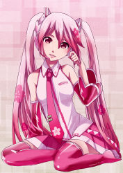 Rule 34 | 1girl, boots, detached sleeves, floral print, full body, hair between eyes, hatsune miku, head tilt, headphones, headset, highres, long hair, looking at viewer, microphone, miniskirt, nail polish, necktie, pink background, pink eyes, pink footwear, pink hair, pink nails, pink skirt, pink sleeves, pink theme, pleated skirt, print necktie, print neckwear, sakura miku, shiny clothes, shiny skin, shirt, sitting, skirt, sky-sky, sleeveless, sleeveless shirt, solo, thigh boots, thighhighs, twintails, very long hair, vocaloid, white shirt, zettai ryouiki