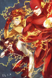 Rule 34 | 3boys, barry allen, bart allen, bodysuit, brown hair, dc comics, eating, electricity, family, flafly, flash (series), food, gloves, goggles, grandfather and grandson, green eyes, hot dog, impulse, kid flash, lightning bolt symbol, male focus, mask, multiple boys, orange hair, red footwear, running, shoes, the flash, uncle and nephew, wally west, yellow eyes