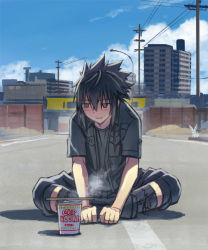 Rule 34 | 10s, 1boy, black hair, black jacket, blue sky, blush, boots, chopsticks, cloud, day, decoponmagi, final fantasy, final fantasy xv, indian style, jacket, male focus, nissin cup noodle, noctis lucis caelum, road, sitting, sky, smile, solo, spiked hair, steam, street