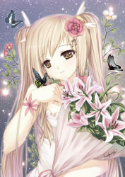 Rule 34 | 1girl, blonde hair, bouquet, bracelet, bug, butterfly, caidychen, dress, eyebrows, flower, fortissimo, hair flower, hair ornament, hair ribbon, insect, jewelry, light smile, lily (flower), long hair, musical note, musical note hair ornament, original, otacool, otacool4, parted lips, ribbon, solo, star (symbol), tress ribbon, twintails, upper body, very long hair