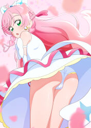 Rule 34 | 1girl, :o, ass, bow, braid, clothes lift, commentary, crotch seam, cure prism, dress, dress lift, earrings, elbow gloves, french braid, from behind, gloves, green eyes, hair bow, highres, hirogaru sky! precure, jewelry, layered dress, leaning forward, long hair, looking at viewer, looking back, magical girl, nijigaoka mashiro, open mouth, panties, pantyshot, petals, pink hair, precure, short dress, side braids, sleeveless, sleeveless dress, solo, standing, tiler (tiler00), underwear, white bow, white dress, white gloves, white panties, wind, wind lift