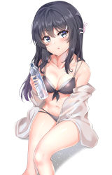 Rule 34 | 10s, 1girl, :o, absurdres, bare shoulders, bikini, black bikini, black hair, blue eyes, blush, bottle, breasts, cleavage, collarbone, commentary request, feet out of frame, front-tie bikini top, front-tie top, hair between eyes, hair ornament, hairclip, head tilt, highres, holding, jacket, knee up, long hair, long sleeves, looking at viewer, medium breasts, navel, off shoulder, open clothes, open jacket, parted lips, rabbit hair ornament, sakurajima mai, seishun buta yarou, shadow, sidelocks, simple background, sitting, solo, stomach, sunhyun, swimsuit, thighs, water bottle, white background, white jacket
