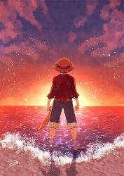 Rule 34 | 1boy, aco peda, back, black hair, blue shorts, clenched hands, cloud, commentary request, full body, hat, highres, male focus, monkey d. luffy, ocean, one piece, red shirt, sash, shirt, short hair, shorts, solo, straw hat, yellow sash