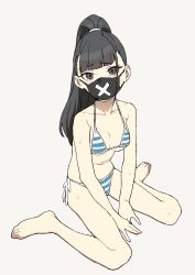 Rule 34 | 1girl, barefoot, bikini, black eyes, black hair, blue archive, blush, breasts, collarbone, feet, full body, highres, long hair, looking at viewer, mask, medium breasts, mouth mask, osame, ponytail, side-tie bikini bottom, simple background, sitting, solo, striped bikini, striped clothes, sukeban (smg) (blue archive), swimsuit, wariza