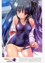 Rule 34 | 1girl, :p, absurdres, bare shoulders, black hair, blush, clothing aside, collarbone, highres, komatsu eiji, long hair, looking at viewer, off shoulder, one-piece swimsuit, original, purple eyes, school swimsuit, school swimsuit flap, school uniform, serafuku, shiny skin, solo, swimsuit, swimsuit aside, tongue, tongue out, twintails