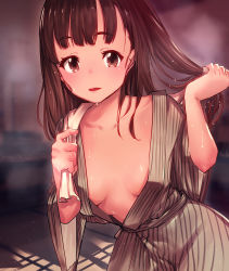 Rule 34 | 1girl, absurdres, breasts, brown eyes, brown hair, brown kimono, cleavage, collarbone, highres, holding, holding own hair, huge filesize, japanese clothes, kimono, leaning forward, long hair, looking at viewer, nakanishi tatsuya, open clothes, open kimono, open mouth, original, shiny skin, small breasts, solo, standing, steam, striped clothes, striped kimono, vertical-striped clothes, vertical-striped kimono, wet, wet hair