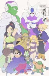 Rule 34 | 2girls, 6+boys, ?, absurdres, ayla (chrono trigger), black hair, blonde hair, boots, breasts, chrono trigger, closed mouth, colored skin, commentary, cooler (dragon ball), crossed arms, crossover, dragon ball, dragon quest, dragon quest v, dragon quest viii, dragonball z, english commentary, english text, fifth form (dragon ball), frieza, frog (chrono trigger), green skin, hand on own hip, hero (dq5), highres, holding, holding staff, inkerton-kun, jacket, large breasts, long hair, martina (dq11), multiple boys, multiple girls, namekian, open mouth, pants, pectorals, piccolo, pointy ears, robo (chrono trigger), robot, slime (dragon quest), spiked hair, staff, super saiyan, sweat, toriyama akira (character), trunks (dragon ball), trunks (future) (dragon ball), turban