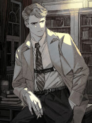 Rule 34 | 1boy, black pants, blue eyes, book, bookshelf, brown coat, brown hair, chest harness, closed mouth, coat, coffee cup, collared coat, collared shirt, cowboy shot, cup, curtains, desk, disposable cup, hand in pocket, harness, highres, holding, holding pen, indoors, jaddddan, long sleeves, looking at viewer, male focus, necktie, original, pants, pen, shirt, short hair, sitting, solo, striped necktie, trench coat, very short hair, window