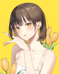 Rule 34 | 1girl, absurdres, bare arms, bare shoulders, brown hair, camisole, collarbone, earrings, flower, hand up, highres, jewelry, looking at viewer, neil (neil nim), open mouth, original, shirt, short hair, simple background, solo, spaghetti strap, stud earrings, upper body, white shirt, yellow background, yellow eyes, yellow flower