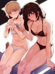 Rule 34 | 2girls, absurdres, arm at side, bad id, bad twitter id, bare arms, bare legs, bare shoulders, bikini, black bikini, black hair, blue eyes, blush, breasts, cellphone, cleavage, closed mouth, collarbone, earrings, feet out of frame, glint, groin, highres, holding, holding phone, hplay, jewelry, large breasts, long hair, looking at viewer, lotion, mole, mole on breast, multiple girls, navel, original, own hands together, phone, red eyes, shiny skin, short hair, sidelocks, sitting, smartphone, smile, stomach, swimsuit, thighs, white bikini