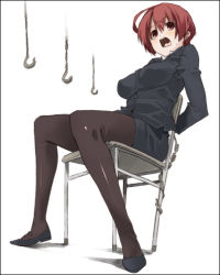 Rule 34 | 1girl, aka ume, bdsm, bondage, bound, bound wrists, breasts, chair, large breasts, legs, open mouth, original, pantyhose, shoes, short hair, simple background, solo
