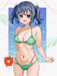Rule 34 | 1girl, abyssal ship, bikini, blue eyes, blue hair, breasts, cleavage, commentary request, cowboy shot, ema (user yxkv5345), enemy lifebuoy (kancolle), hair ribbon, kantai collection, large breasts, ribbon, smile, solo, souryuu (kancolle), swimsuit, twintails