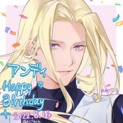 Rule 34 | 1boy, andy bogard, artist name, closed mouth, confetti, dated, english text, happy birthday, heart, light blush, long hair, looking at viewer, male focus, mmts g, purple eyes, simple background, smile, solo, the king of fighters, the king of fighters for girls