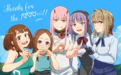 Rule 34 | 10s, 5girls, :d, absurdres, black skirt, blue eyes, blue ribbon, blue shirt, blue skirt, blue sky, blush, boku no hero academia, bow, bowtie, braid, breasts, brown hair, candy, closed mouth, cloud, commentary, crossover, dagashi kashi, darling in the franxx, day, english text, flower, food, forehead, gem, green eyes, hair flower, hair ornament, hairband, hands up, heart, heart hands, heart hands duo, high-waist skirt, highres, horns, index finger raised, justin leyva (steamy tomato), karakai jouzu no takagi-san, large breasts, lollipop, long hair, looking at viewer, mechanical arms, milestone celebration, mouth hold, multiple girls, neck ribbon, open mouth, outdoors, parted bangs, parted lips, pink hair, purple hair, red bow, ribbon, ringed eyes, shidare hotaru, shirt, short hair, single mechanical arm, skirt, sky, smile, takagi-san, thank you, uraraka ochako, violet evergarden, violet evergarden (series), zero two (darling in the franxx)