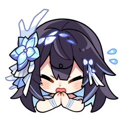 Rule 34 | 1girl, bare shoulders, closed eyes, colored inner hair, commentary, english commentary, flower, hair flower, hair ornament, honkai (series), honkai impact 3rd, long hair, multicolored hair, official art, open mouth, own hands together, seele vollerei, seele vollerei (herrscher of rebirth), solo, transparent background, upper body, white headwear